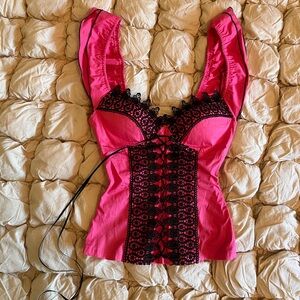 Vintage Y2K Sexy Pink Blouse with Black Lace